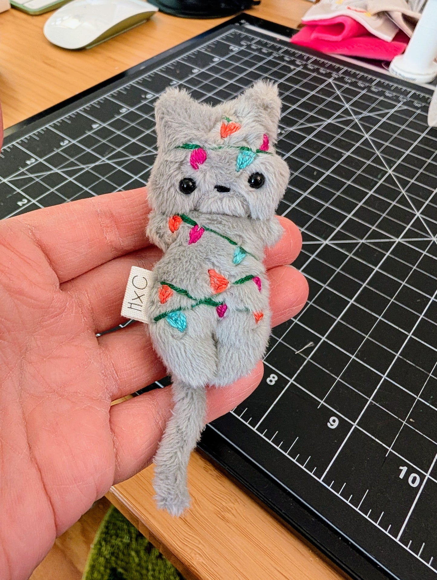 Grey Kitty in Xmas Lights