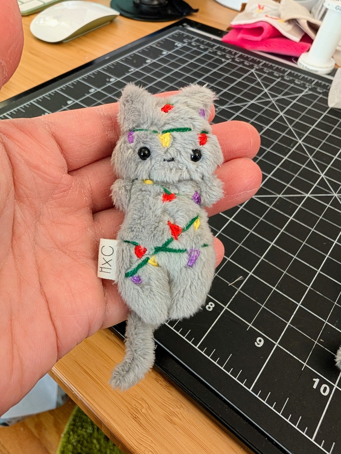 Grey Kitty in Xmas Lights